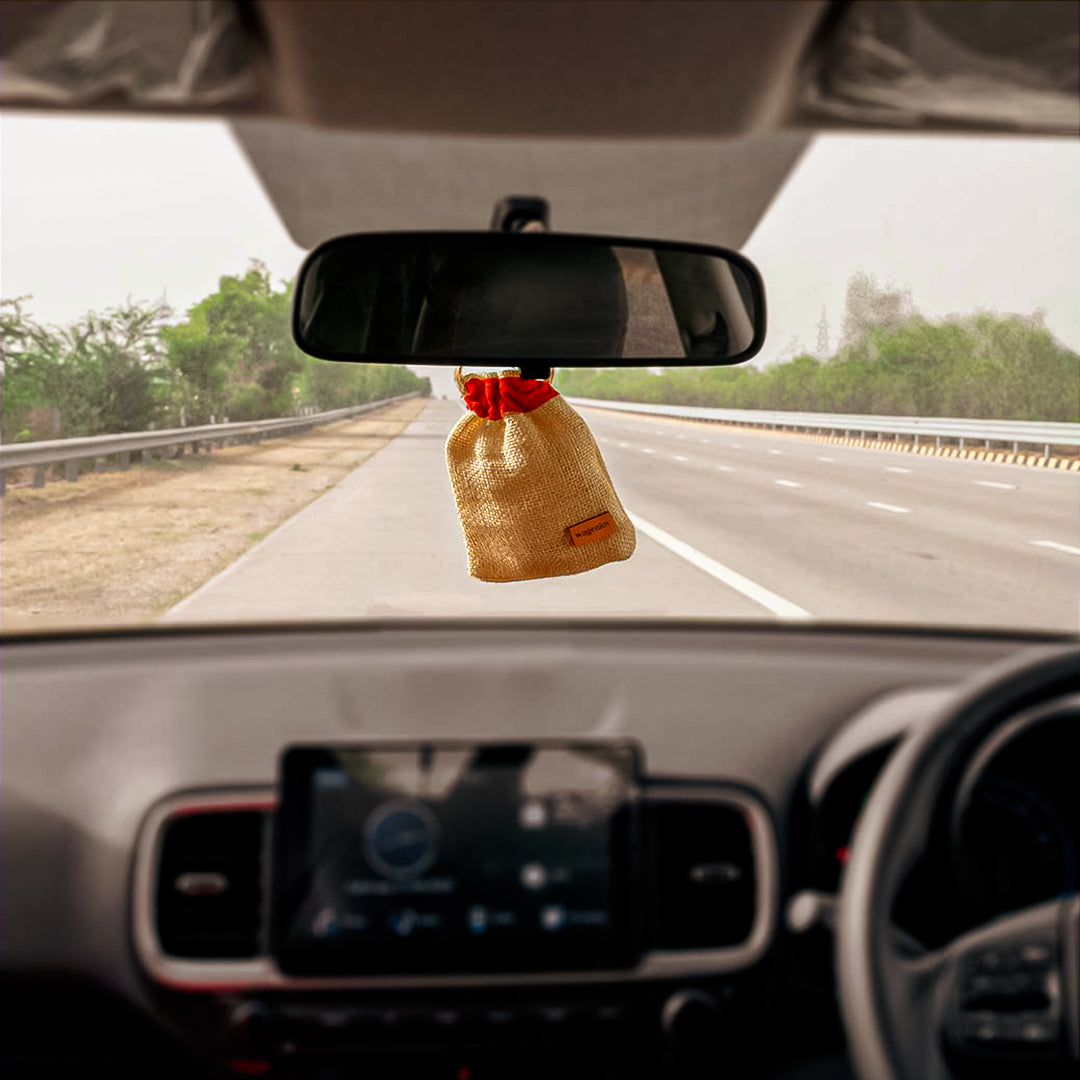 Fruit Fusion Jute bag hanging in car